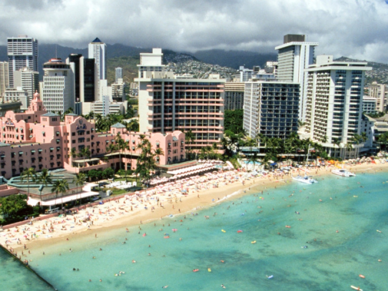 Hawaii, Oahu, Honolulu And Waikiki, Aerial View Of Royal Hawaiian Hotel.
